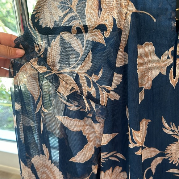 XXL teal w/cream floral Ann Taylor blouse one button cuff long sleeve scoop neck - Picture 6 of 12